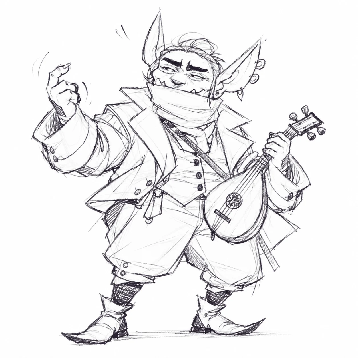 Pencil concept of the male Goblin Bard, a stout music teacher with long ears, tailored lapels and a lute
