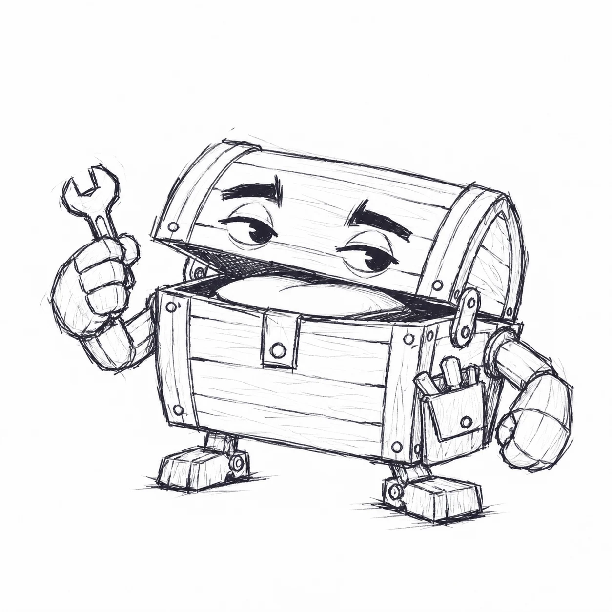 Pencil concept of a chest-bodied Mimic technology teacher with practical tools