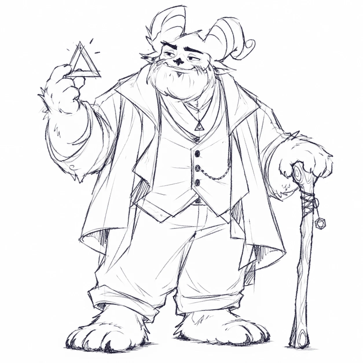 Pencil concept of the horned Yeti teacher, with a broad silhouette and scholarly costume